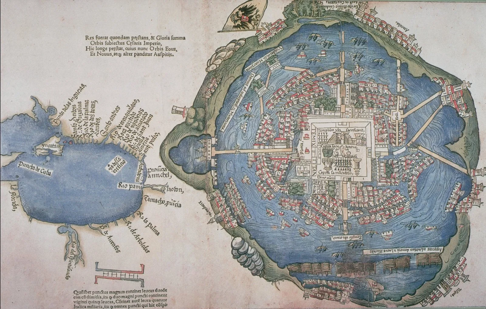 The 1524 Nuremberg woodcut map of Tenochtitlan, the first European depiction of the Aztec capital, showing the island city with its causeways, canals and central sacred precinct (Templo Mayor) at the 