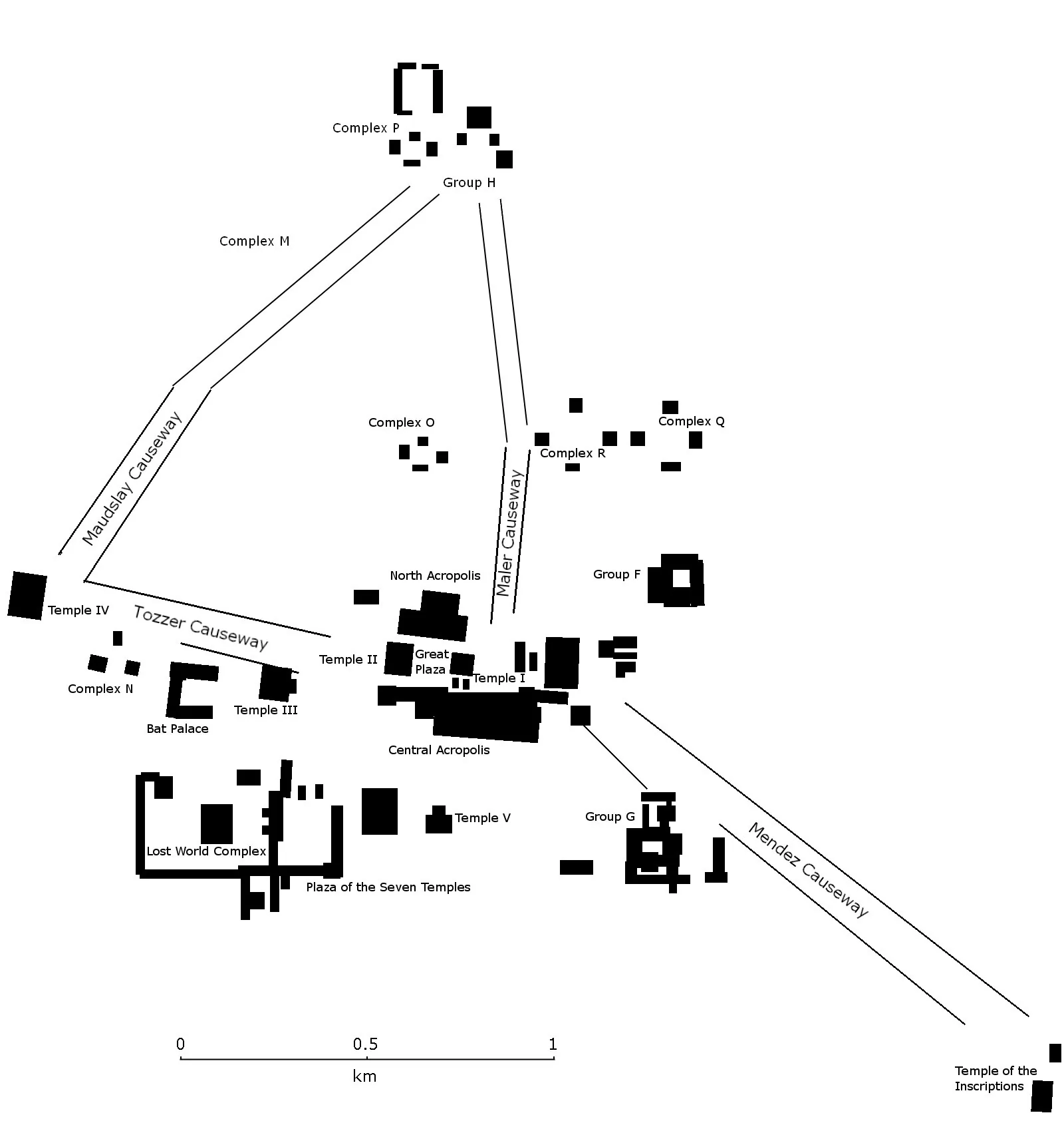 Plan of the central core of Tikal, Petén, Guatemala, showing the major temples (I–VI), the Great Plaza, North and Central Acropolis, Mundo Perdido and the causeways linking the complexes.