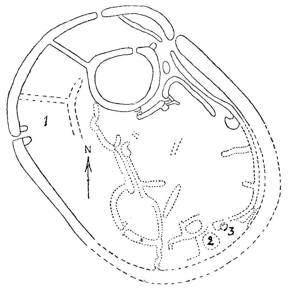 Measured plan drawing of the elliptical Great Enclosure at Great Zimbabwe, showing the outer wall, inner walls and conical tower.