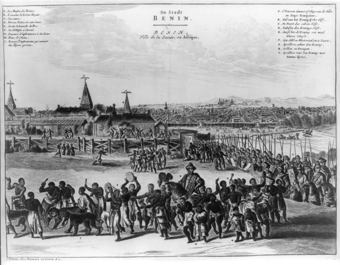 The 1668 engraving of Benin City from Olfert Dapper's Description of Africa - a Dutch bird's-eye view of the Edo capital showing the city walls, the great long central street, the radial layout, and t