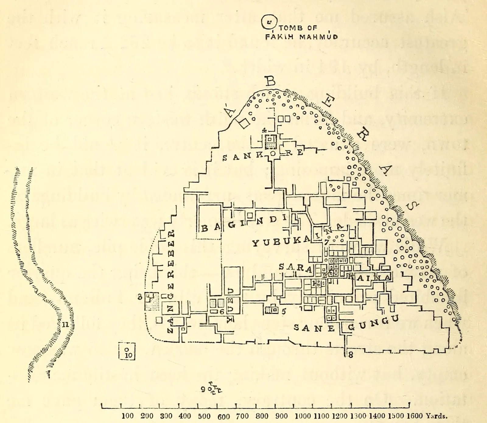 Historical plan of Timbuktu as surveyed by Heinrich Barth (1853), showing the city outline, the three great mosques (Djinguereber, Sankore, Sidi Yahya), markets, gates and wells.