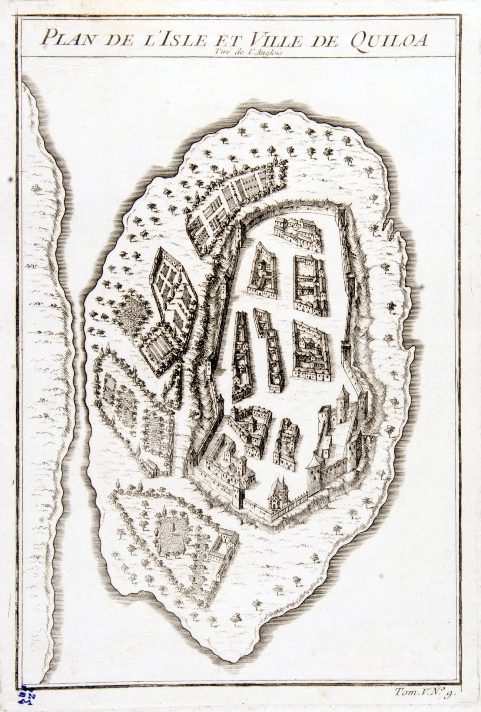 18th-century plan (1748) of the island and town of Quiloa (Kilwa Kisiwani), showing the built-up town blocks, fortifications and harbour on the island - a historical map of the medieval Swahili tradin