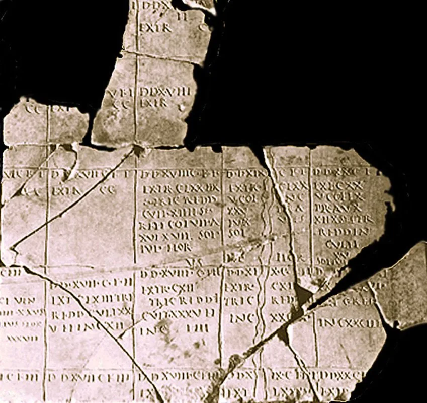 The Cadastre of Arausio (Orange), the best-preserved Roman cadastral survey, showing the centuriation land-division grid of parallel cardines and decumani forming square plots — the classic Roman cent