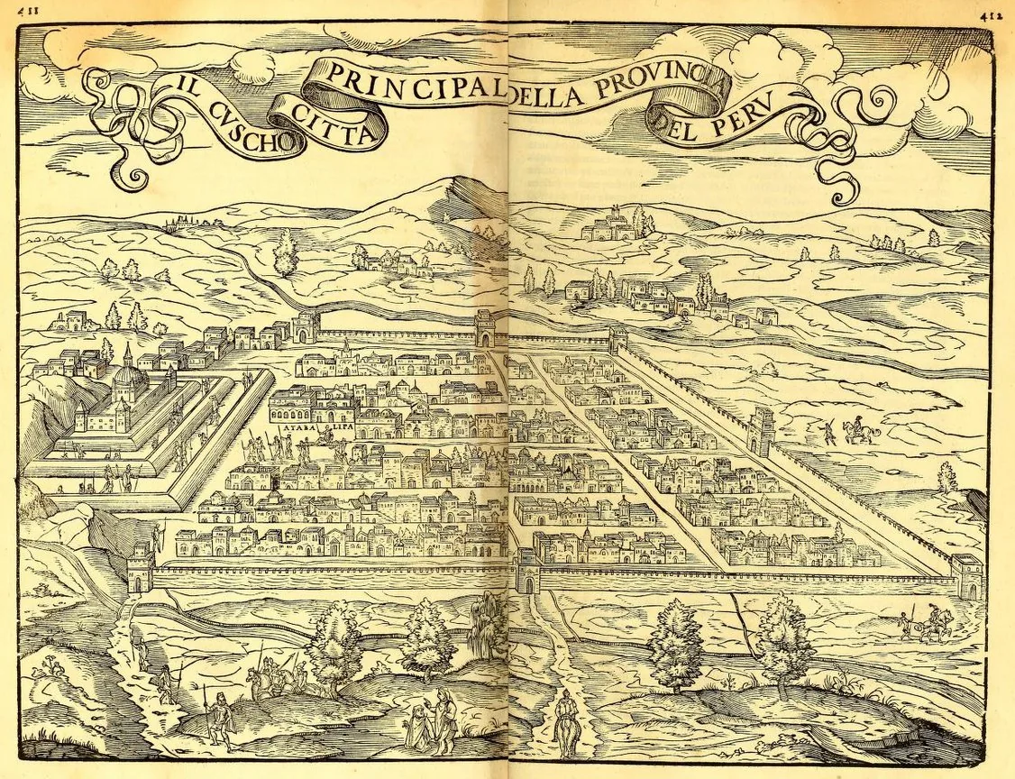 The earliest printed plan of Cusco, based on Pedro Sancho's firsthand account, showing the Inca capital as a walled city with roads converging from the four quarters (suyus) and the Sacsayhuaman fortr