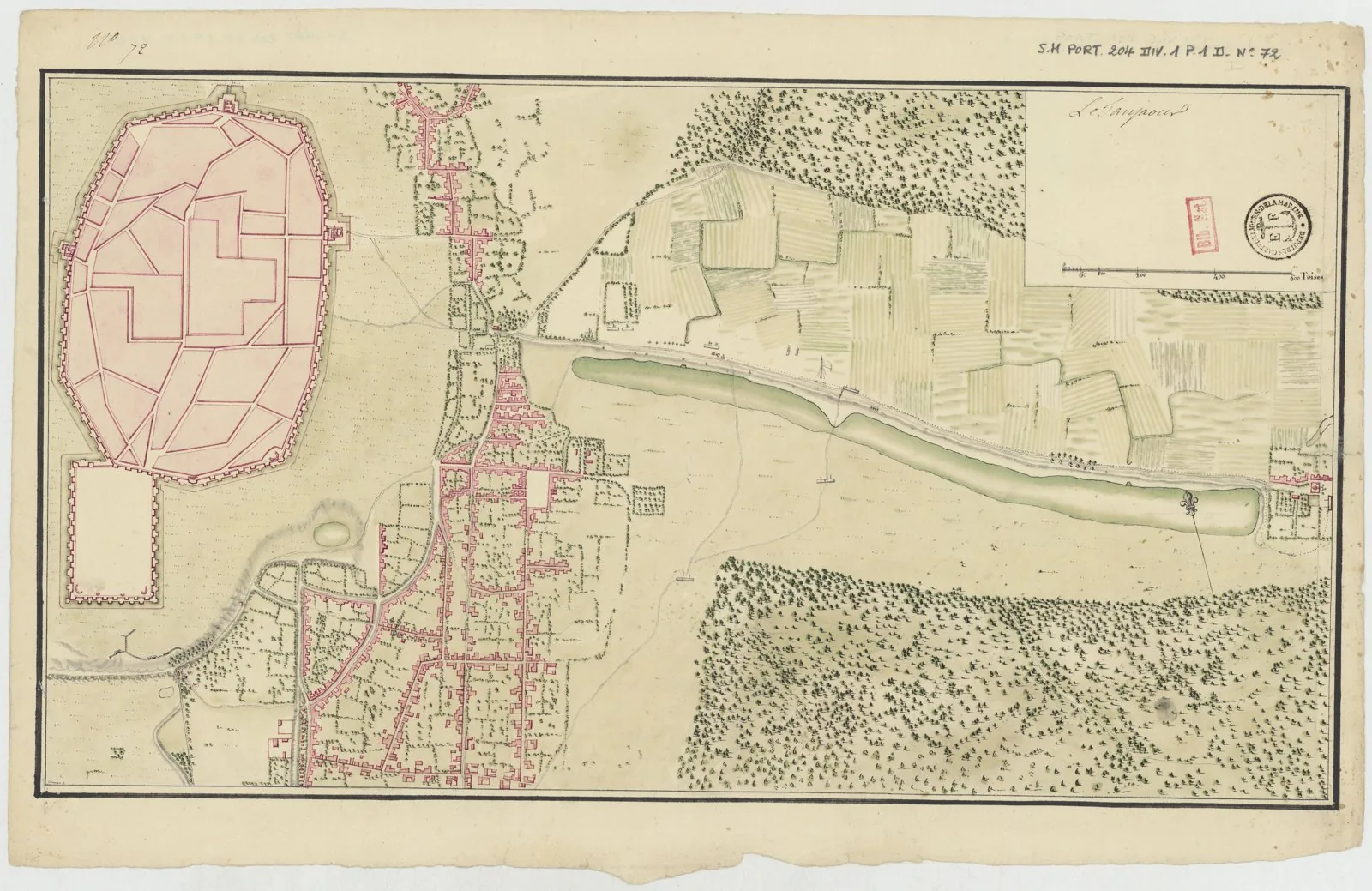 1760 French plan of the city and fort of Thanjavur (Tanjore), showing the walled town, fortifications and the Chola-era temple/palace core.