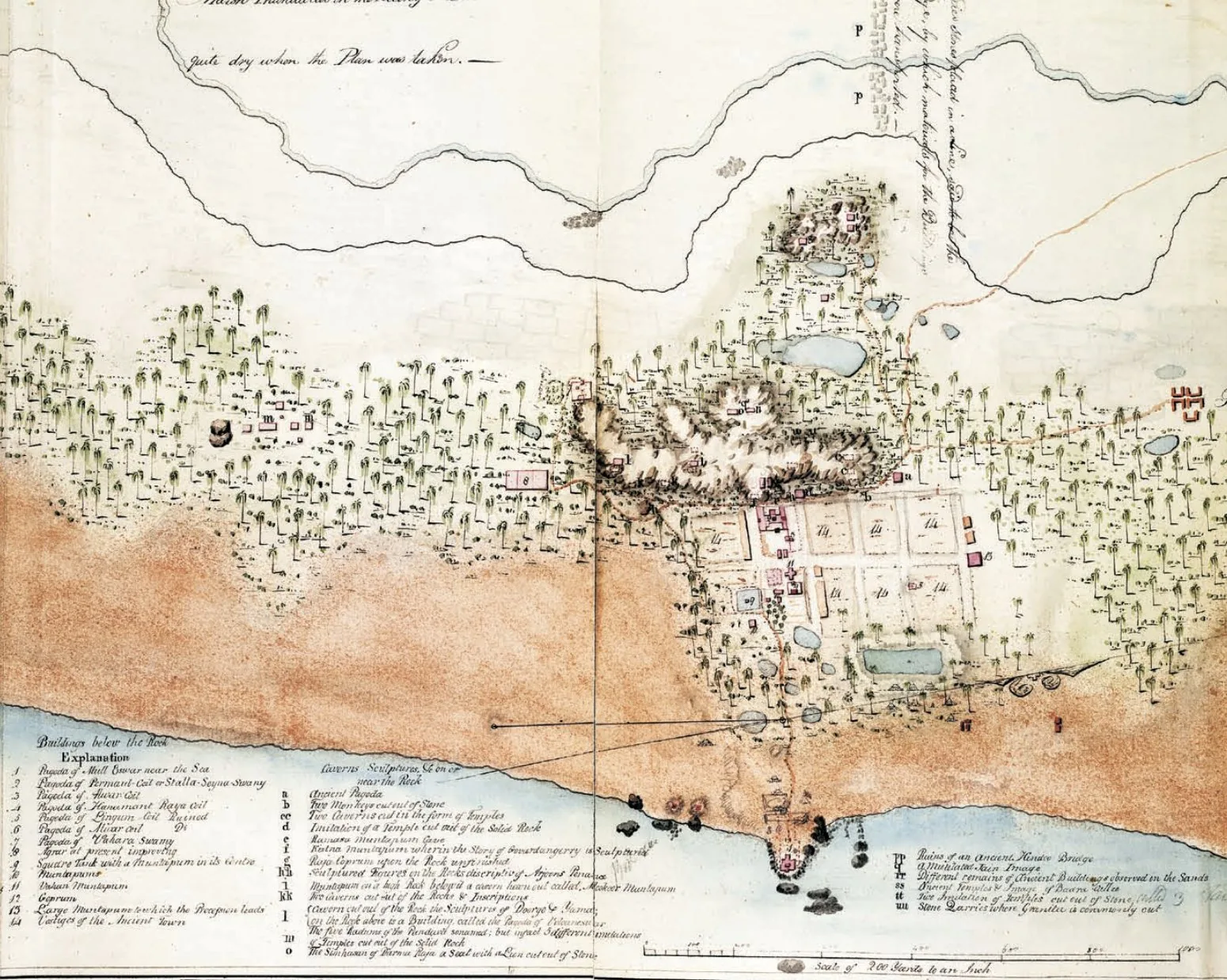 Early-19th-century survey map (1808, Colin Mackenzie collection) of Mahabalipuram showing the central hill with the cave temples, the Shore Temple on the coast and the other Pallava monuments distribu