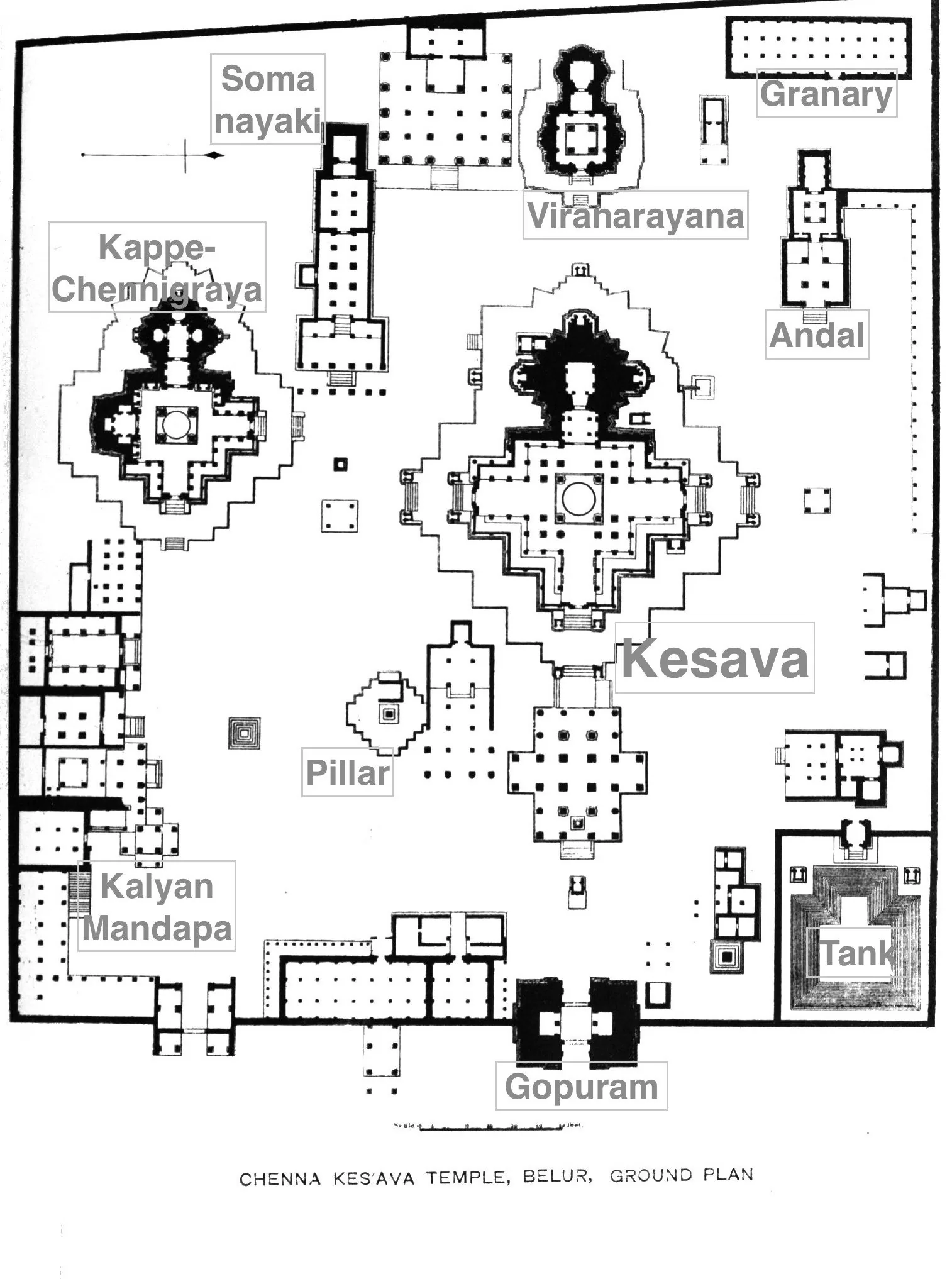 Annotated ground plan of the Hoysala Chennakesava temple complex at Belur (one of the twin Hoysala capitals), showing the star-shaped (stellate) Kesava, Kappe-Chennigaraya and Viranarayana shrines, go