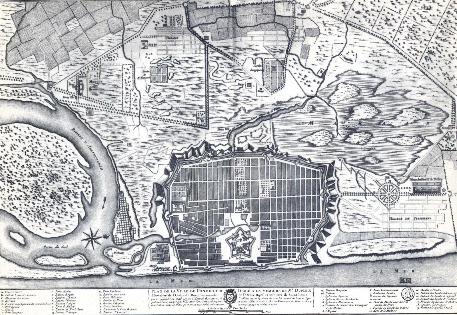 18th-century French colonial master plan of Pondicherry dedicated to Governor-General Joseph-François Dupleix, showing the fortified geometric street grid of the dual city and the canal separating the