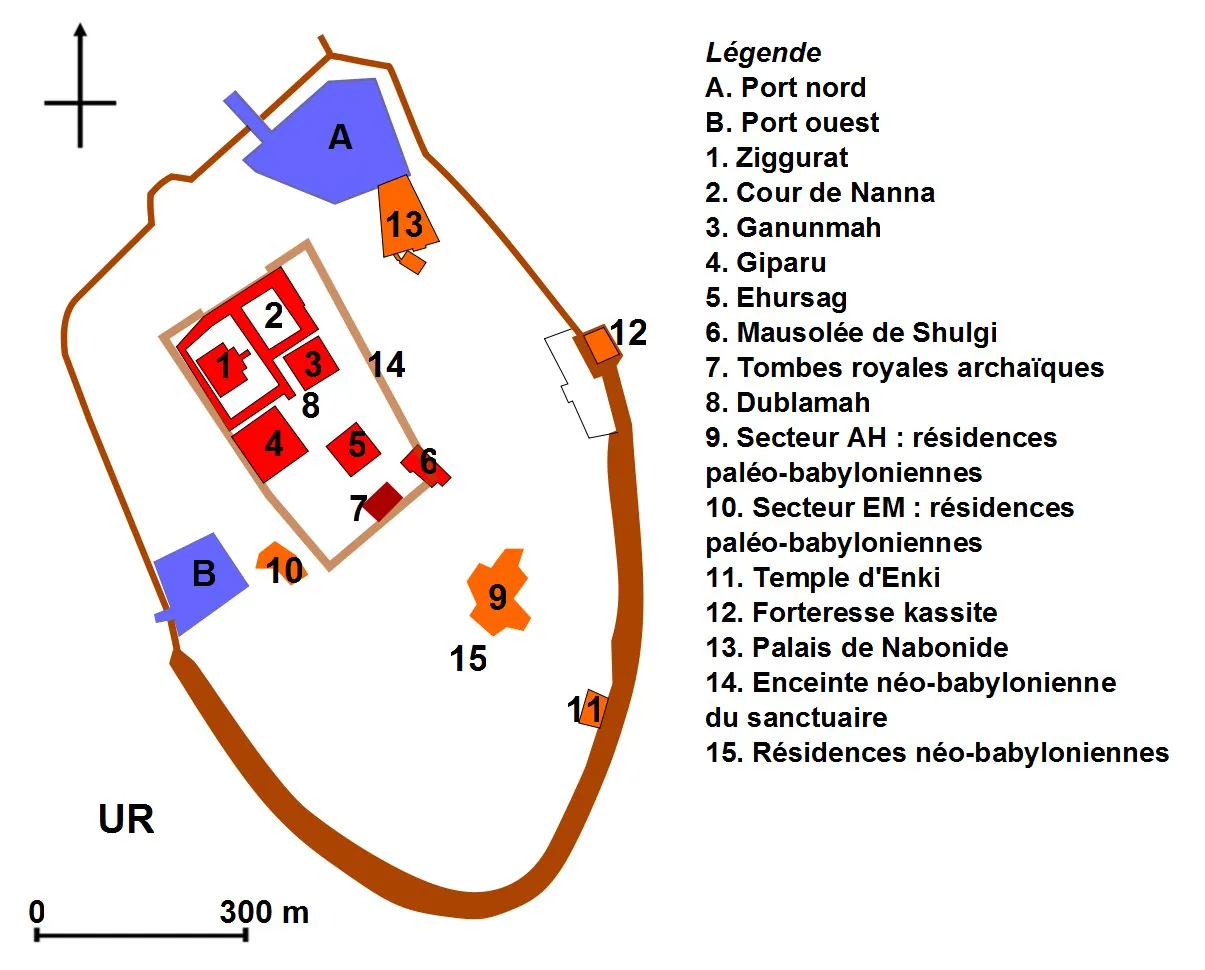 Simplified plan of the site of ancient Ur with the location of the main monuments (ziggurat, sacred precinct, harbours and city wall), capital of the Third Dynasty of Ur.