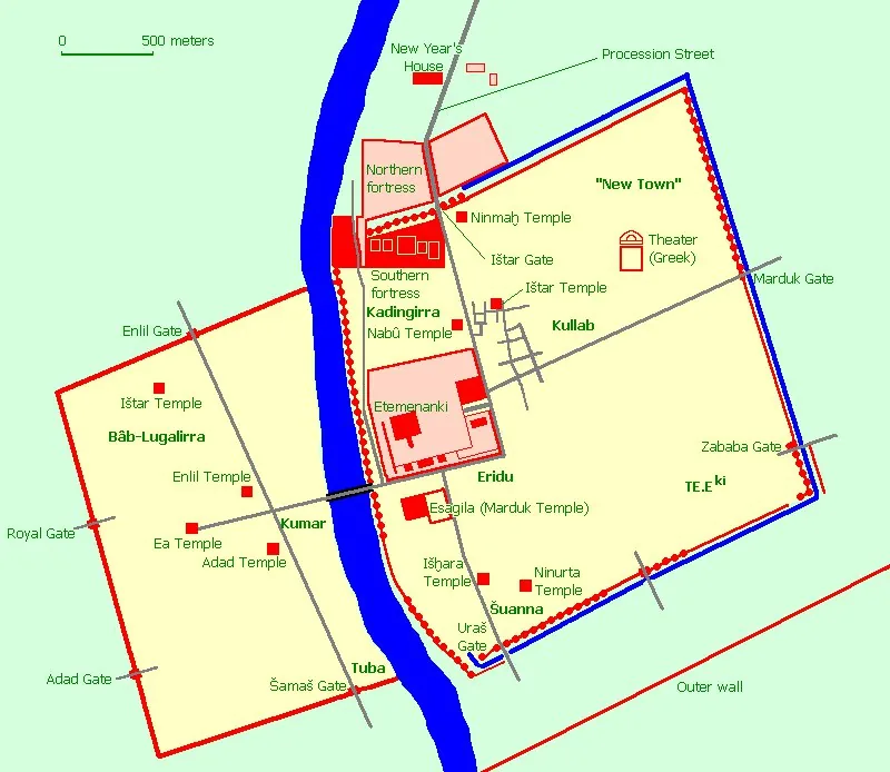 Reconstructed plan of Neo-Babylonian Babylon under Nebuchadnezzar II showing the city walls, the Euphrates, the Processional Way running north from the Ishtar Gate, and the Esagila / Etemenanki precin