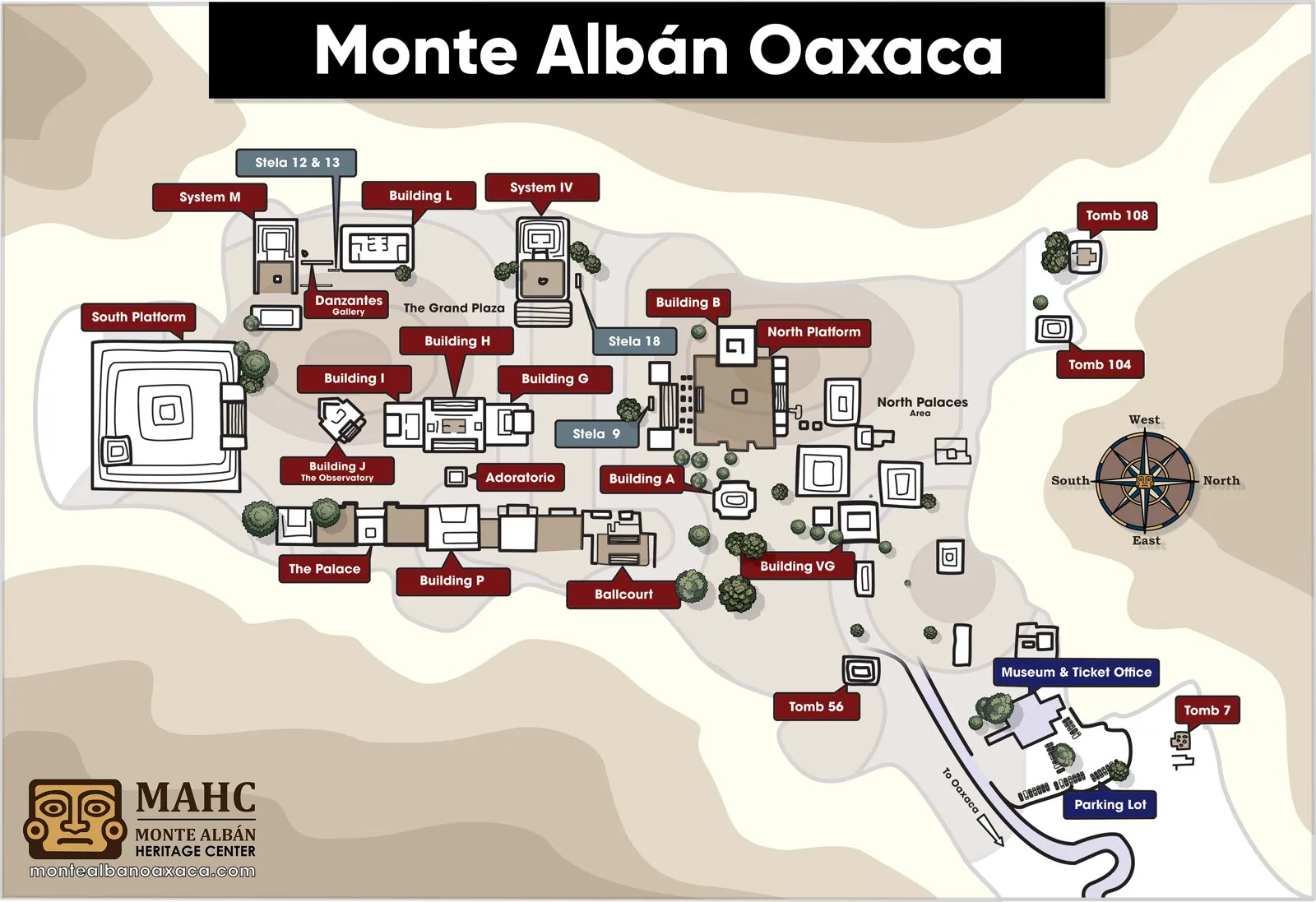High-resolution measured site plan of the Zapotec capital Monte Albán, showing the Gran Plaza esplanade with its North and South Platforms, ballcourt, Building J and the labelled monument layout — a c