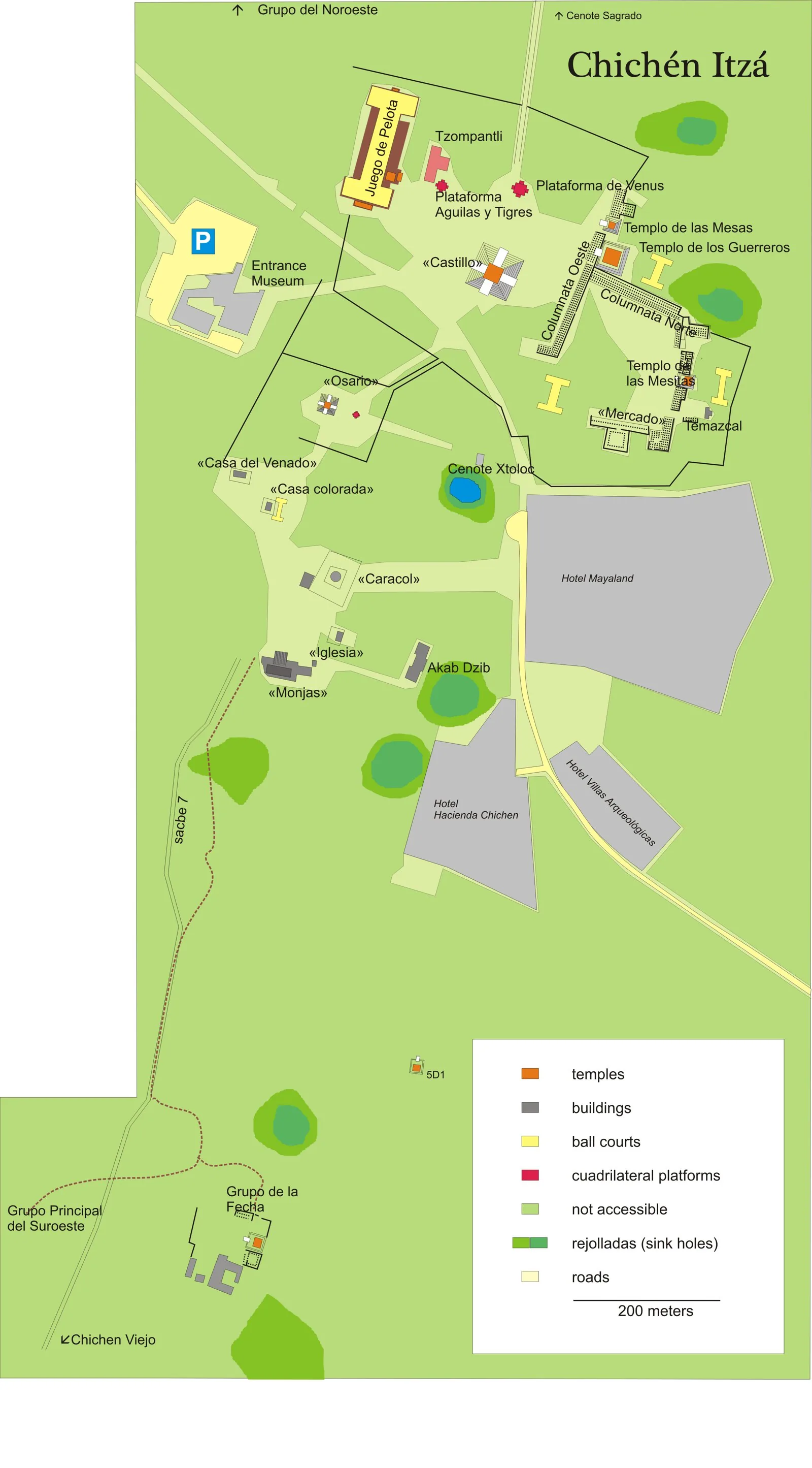 Plan of the Chichen Itza ceremonial centre showing El Castillo, the Great Ball Court, Temple of the Warriors, Caracol and the sacbeob linking the ceremonial groups.
