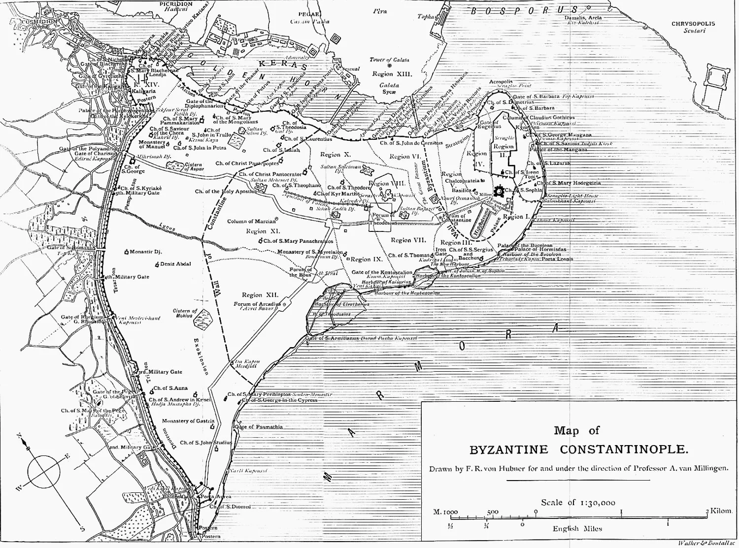 Historical plan of Byzantine Constantinople showing the city walls (Constantinian and Theodosian), the principal forums, the Mese ceremonial avenue, the Hippodrome and major monuments.