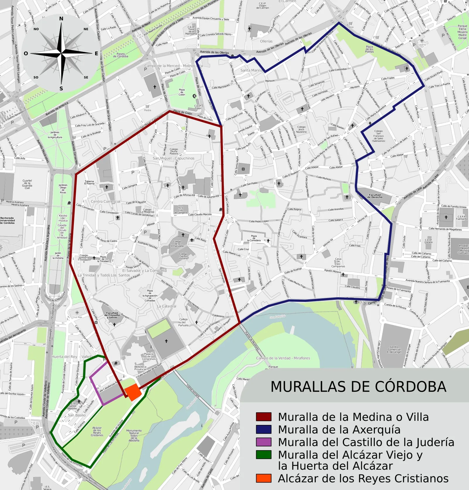 Plan of the medieval walled city of Córdoba showing the line of the city walls and gates that enclosed the Umayyad medina and the eastern Ajerquía, defining the footprint of the Caliphal-era city.