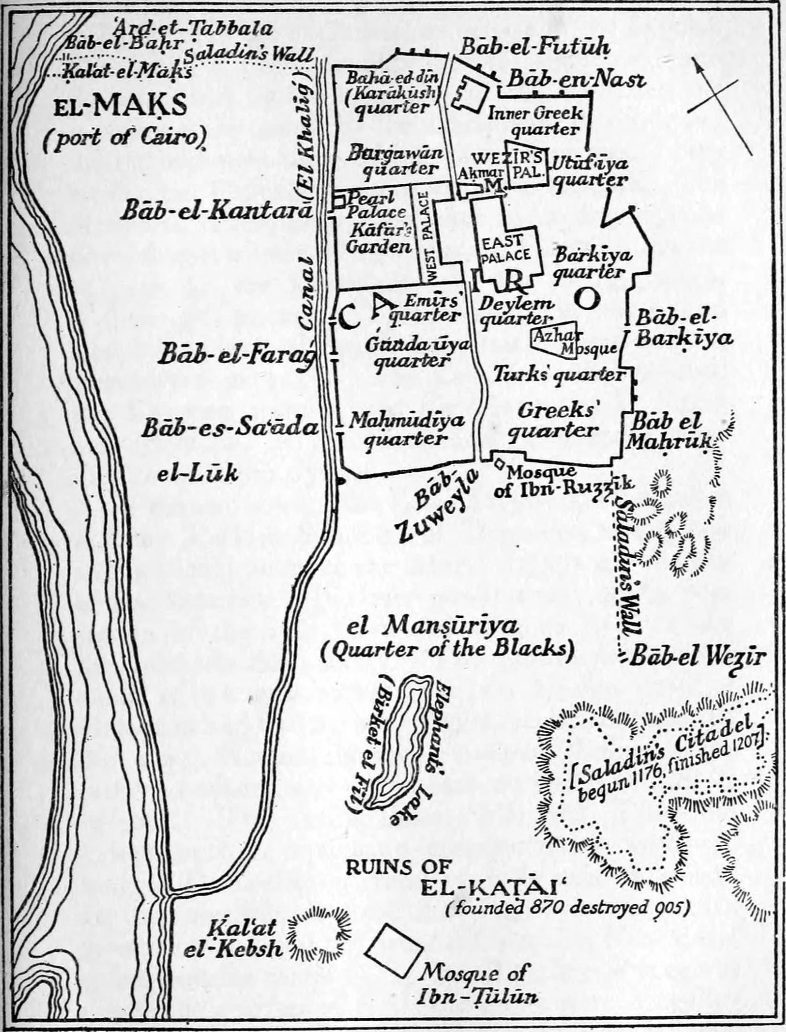 Reconstructed plan of the Fatimid walled city of al-Qahira, labelling the city gates, walls, main thoroughfare (Qasaba) and the location of the Great Palaces.
