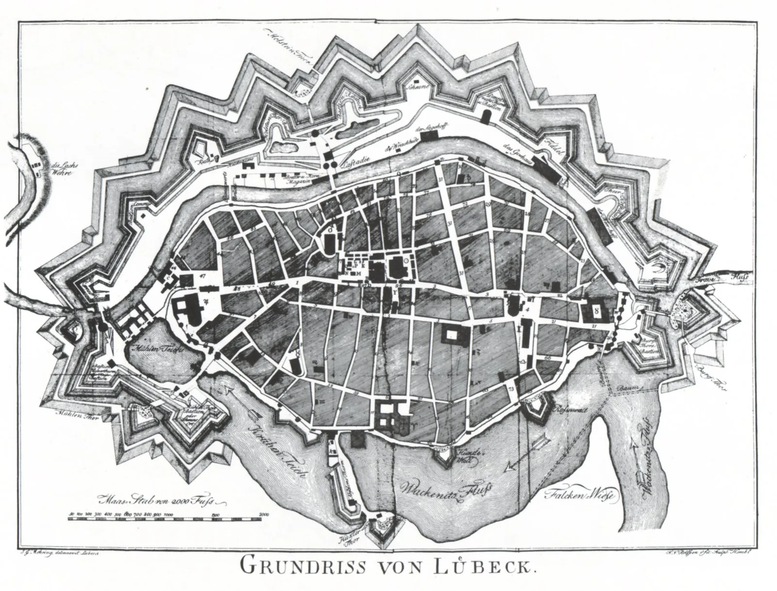 1787 ground plan (Stadtplan) of Lubeck showing the characteristic blade-shaped old-town island, its street geometry and surrounding fortifications - a clear depiction of the Hanseatic city's medieval 
