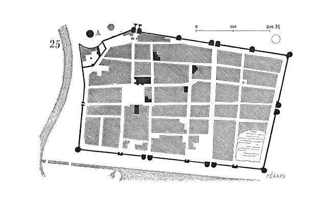 Figure-ground plan of the walled medieval bastide of Aigues-Mortes, showing the orthogonal grid of streets and blocks inside the rectangular ramparts with corner towers (Tour de Constance marked 'A')