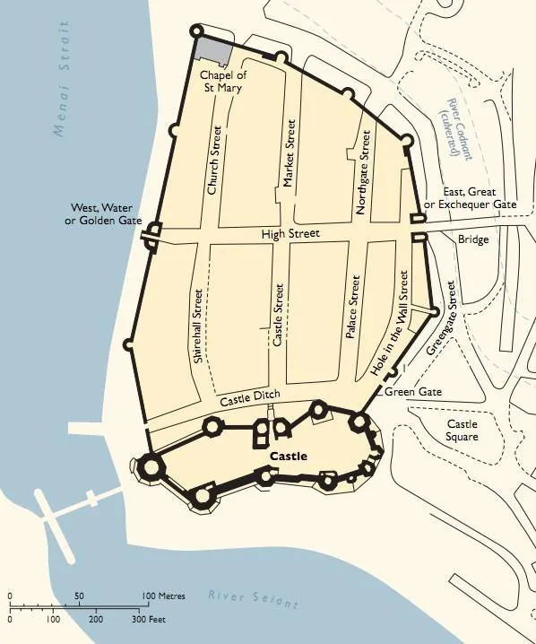 Plan of the medieval walled town of Caernarfon, Wales, showing the circuit of town walls with towers and gatehouses alongside Edward I's castle (founded 1283) - the bastide walled-town layout.