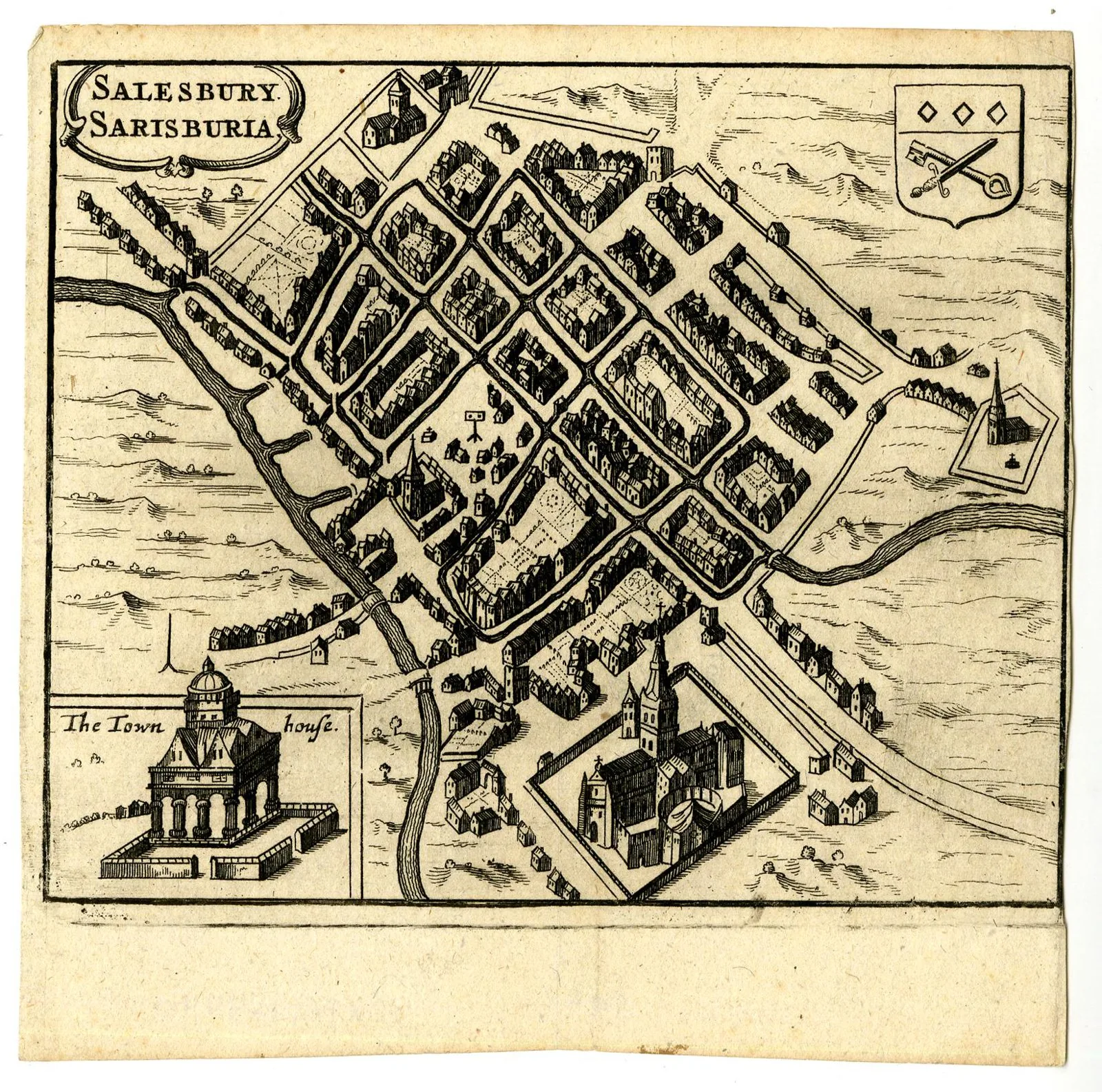 Early 17th-century engraved bird's-eye plan of Salisbury (New Sarum) clearly showing the regular chequer (grid) street pattern laid out from 1220, the market place, the gridded blocks and the cathedra