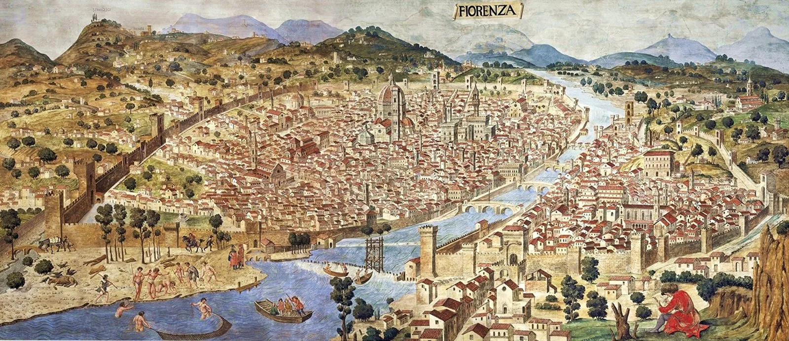 The 'Pianta della Catena' (c. 1470), the famous bird's-eye plan of Renaissance Florence, showing the circuit of city walls, the Arno and its bridges, and the dense urban fabric of streets and palazzi 