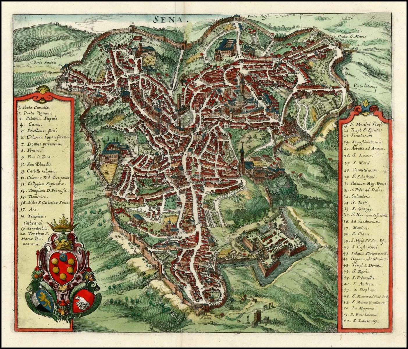Matthaeus Merian's bird's-eye map of Siena, showing the medieval city's Y-shaped form following three ridges, the encircling walls and gates, the Campo and Duomo, with a keyed legend of landmarks.