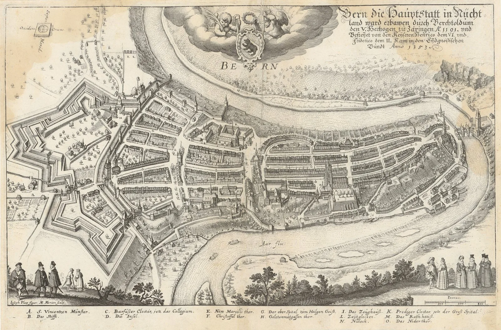 Matthaeus Merian's c. 1640 bird's-eye view of Bern, showing the elongated peninsula and the regular spine-and-ribs street layout characteristic of the Zaehringer founding town within its bend of the A