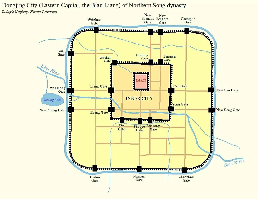 Map of Kaifeng (Dongjing/Bianliang), the Northern Song capital, showing the concentric walled city, palace city, and street grid.