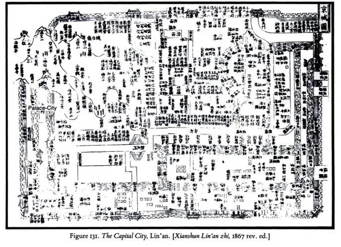Song-dynasty map of the capital city Lin'an (Hangzhou) from the Xianchun Lin'an zhi gazetteer, depicting the imperial city, walls, gates and street layout of the Southern Song capital.