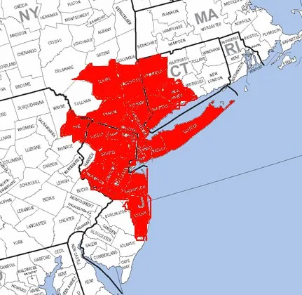 Map of the New York metropolitan area (tri-state counties) covered by the Regional Plan Association's Second Regional Plan.