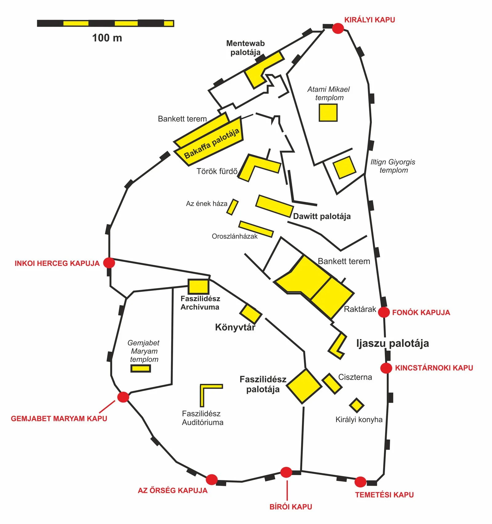 Labelled site plan of the Fasil Ghebbi royal enclosure at Gondar (founded 1636 by Emperor Fasilides), showing the perimeter wall with its named gates and the disposition of the palaces and halls (Fasi