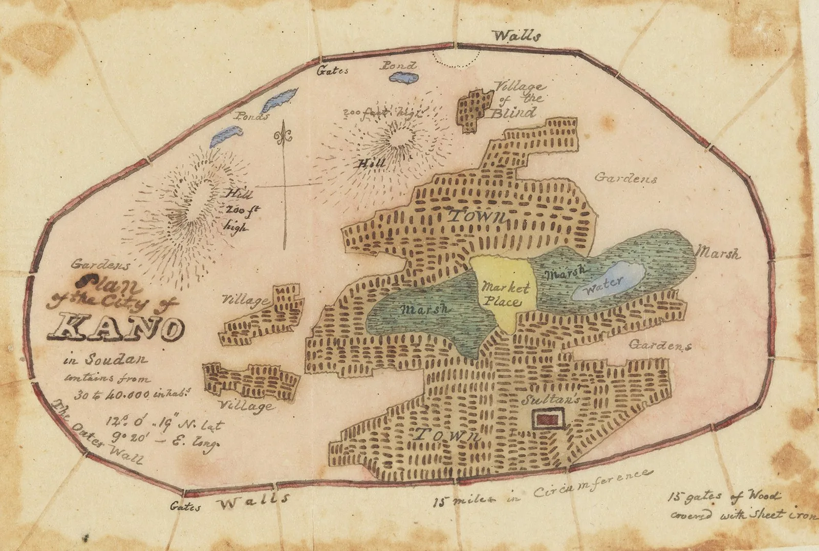 Historical plan of the walled Hausa city of Kano (c. 1836) showing the city walls and gates, the inner settlement, fields and ponds within the great earthen ramparts (ganuwa).