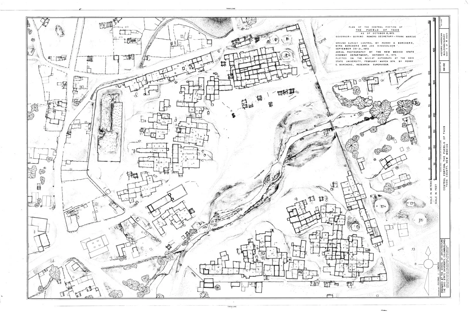 Historic American Buildings Survey measured site plan of the central portion of Taos Pueblo, showing the two multi-storey house clusters, plaza and stream. Authoritative ground plan of the pueblo's la