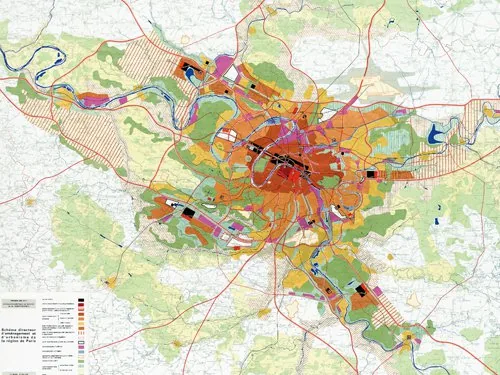 Verified reachable direct JPEG (the official thumbnail/vignette of the 1965 SDAURP general land-use master plan map showing the Delouvrier development axes and villes nouvelles). Full plan also availa