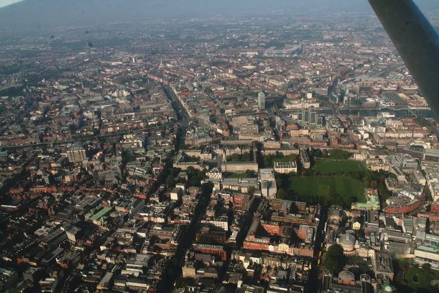 Aerial view across the River Liffey and Trinity College, Dublin, capital of Ireland (National Planning Framework / Project Ireland 2040).