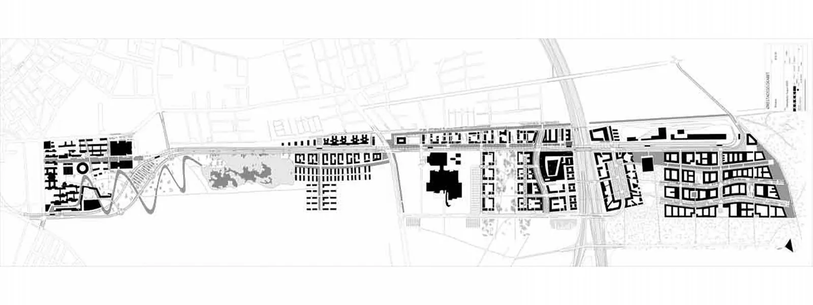 KHR/APRT winning Ørestad masterplan site plan: four linear neighbourhoods along the metro with north-south canals and the central green wedge.
