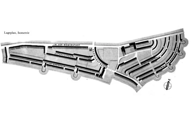 Isometric site plan (Lageplan-Isometrie) of Siedlung Römerstadt showing the terraced rows, bastions along the Nidda valley and Hadrianstraße spine.