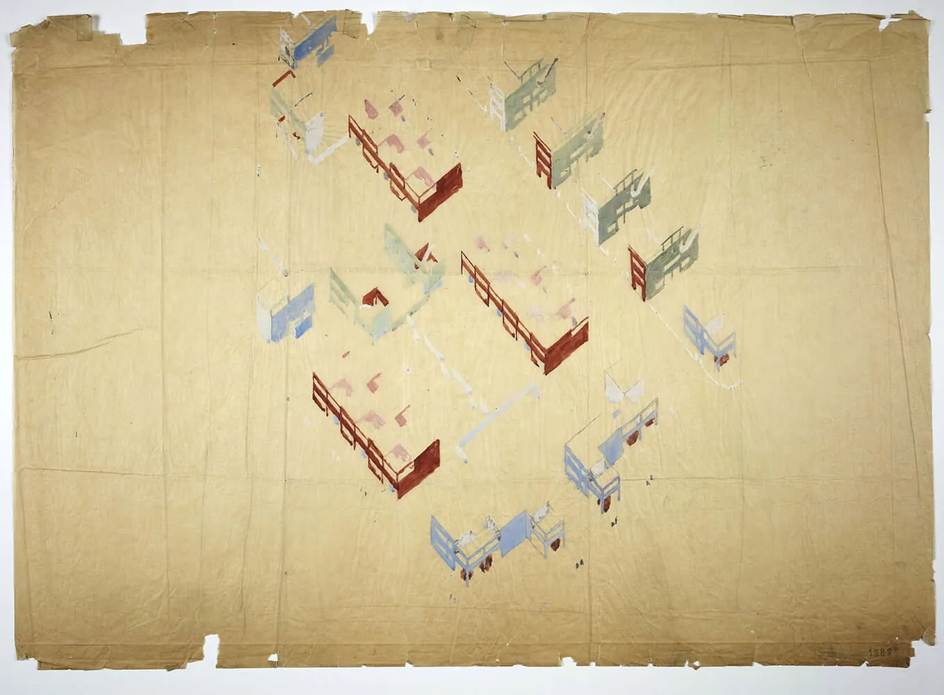 Le Corbusier axonometric/perspective layout drawing of the Cité Frugès estate at Pessac, showing the arrangement and colour treatment of the house blocks across the site. No public-domain/CC image ava