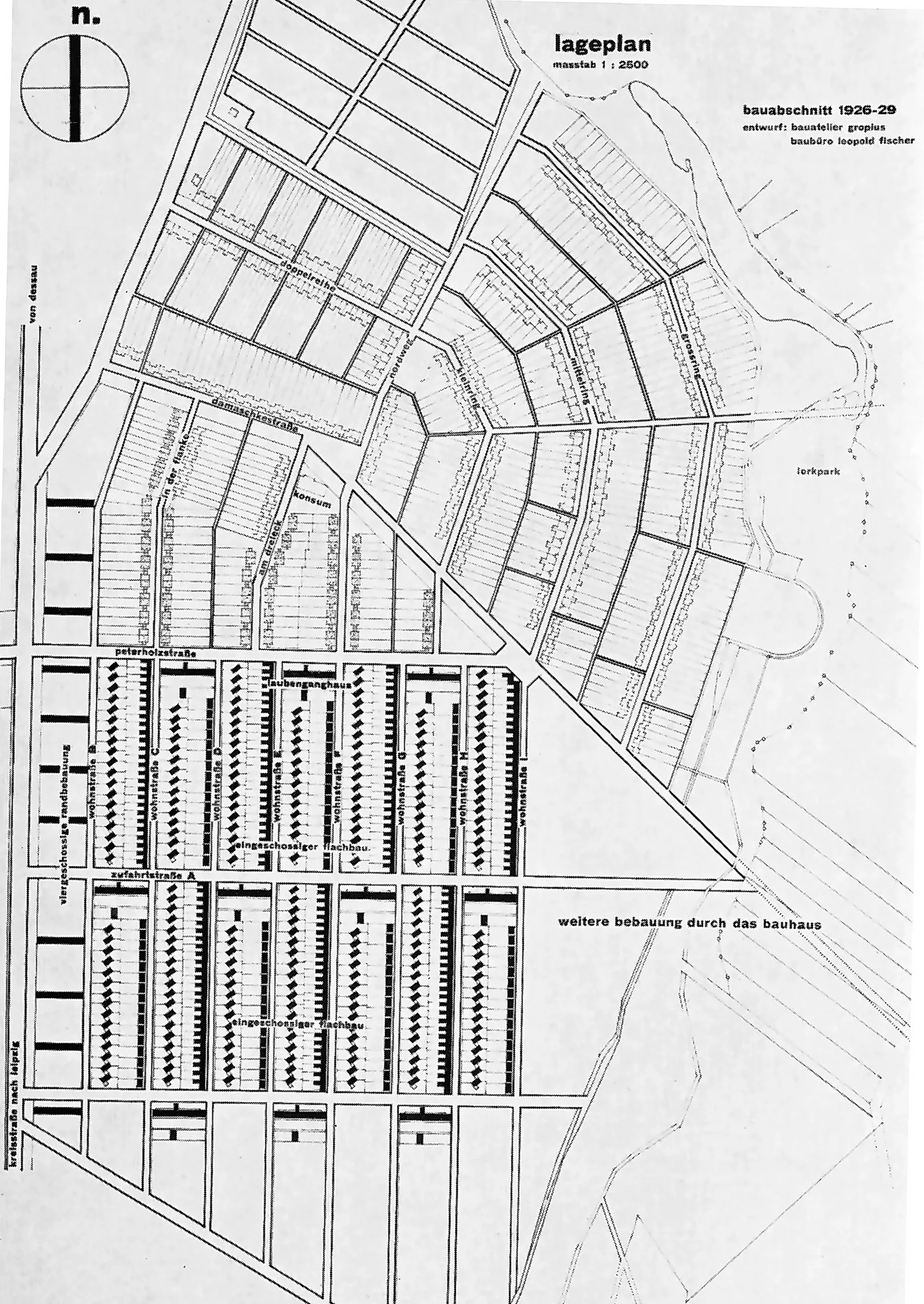 Site plan (Lageplan) of the Dessau-Törten housing estate, showing the row-house layout developed from Gropius's 1926–28 settlement and the Bauhaus building department's proposed extension. This is the