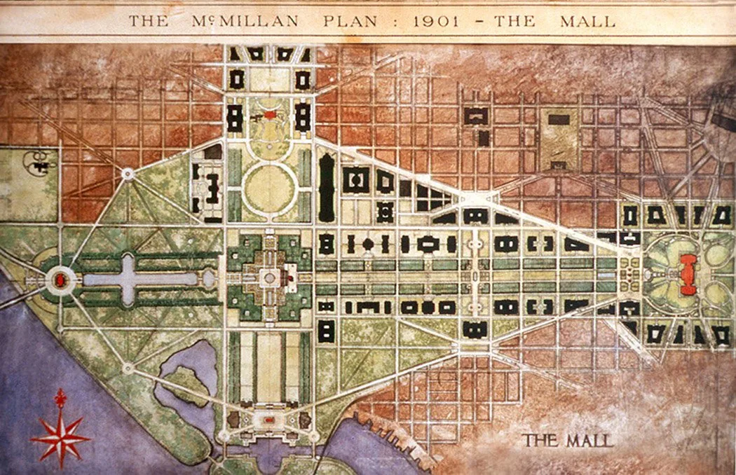 Plan-view rendering of the McMillan Plan for the National Mall, Washington D.C., the City Beautiful scheme of the 1902 Senate Park Commission.