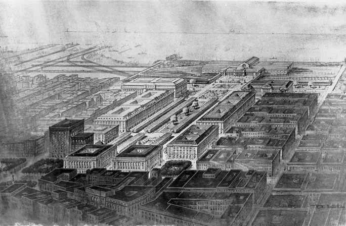 Bird's-eye rendering of the 1903 Cleveland Group Plan, showing the tripartite civic mall and surrounding Beaux-Arts public buildings.