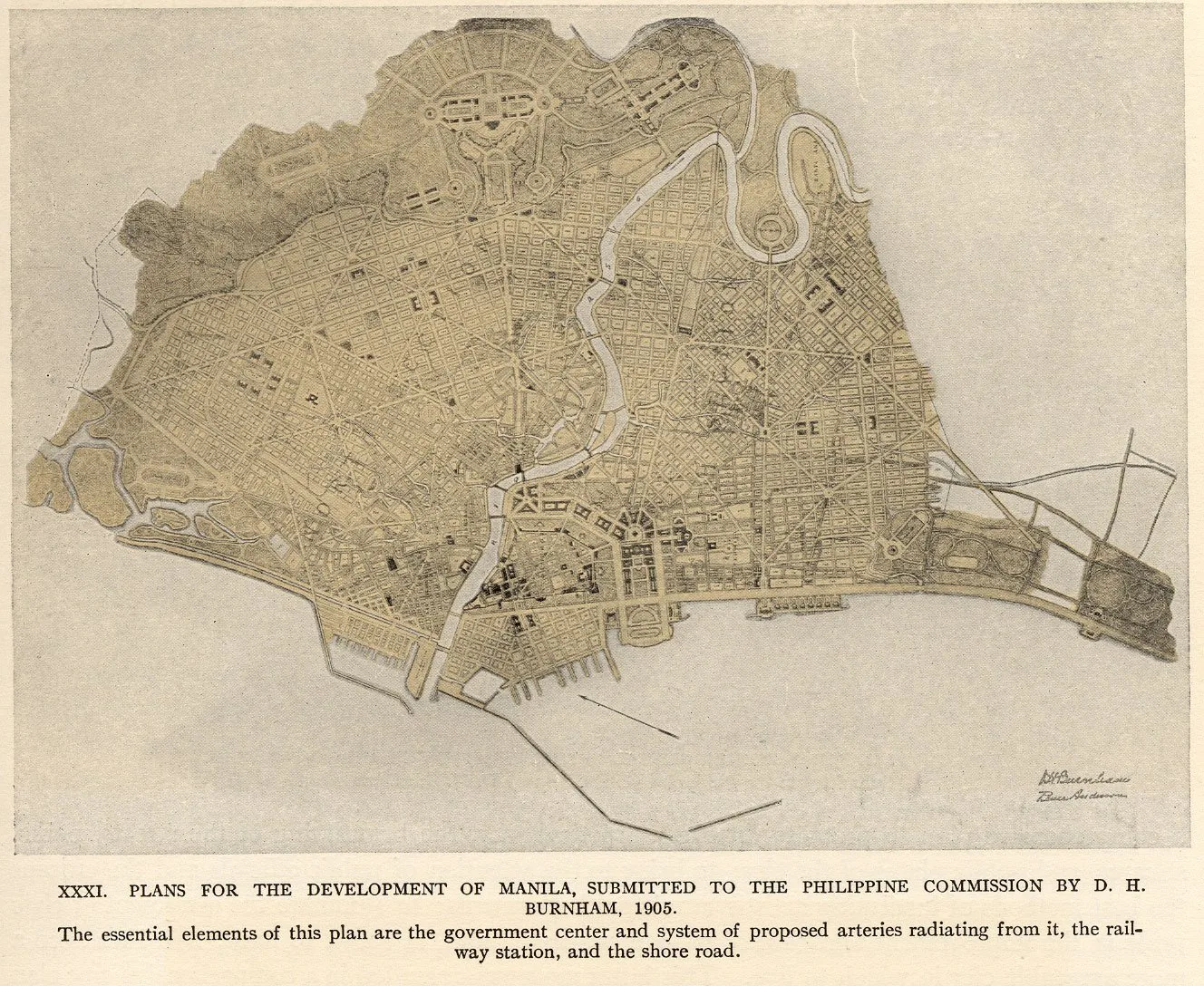 Burnham's 1905 City Beautiful plan/map of Manila, showing the government center and the radial system of proposed arteries, railway station and shore road.