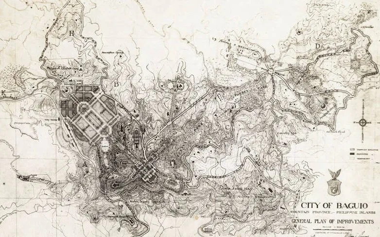 Daniel Burnham and Pierce Anderson's 1905 plan for Baguio, the American summer capital - a City Beautiful garden-city scheme with a civic axis, meadow park and boulevards adapted to the mountain terra