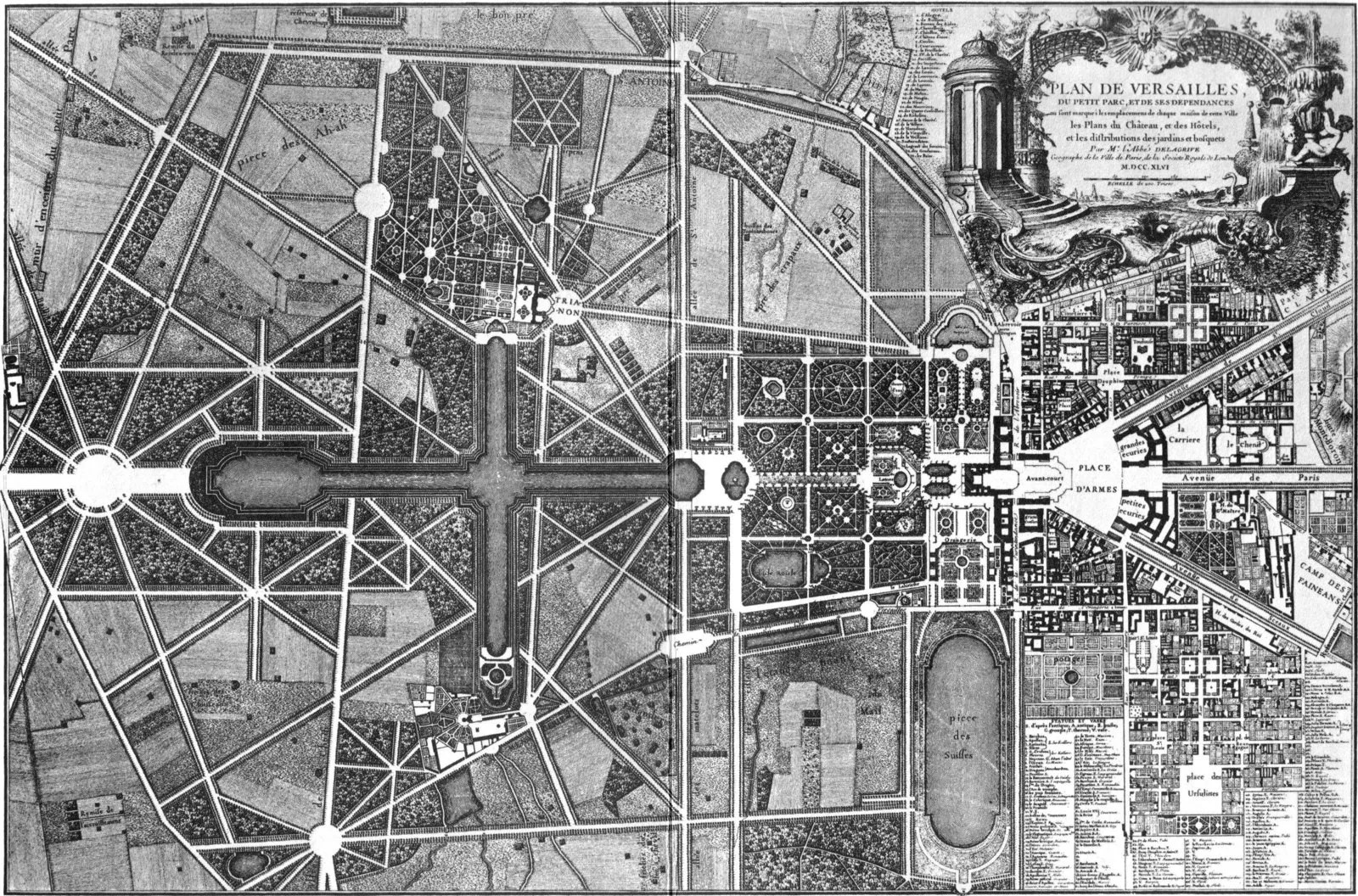 1746 general plan of Versailles showing the planned royal town, the three radiating avenues (the Trident) converging on the palace, and Le Notre's garden axis.