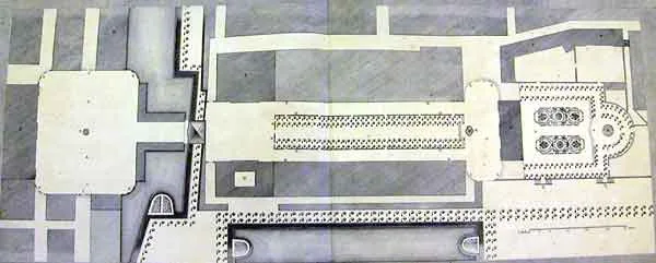 Héré's 18th-century ground plan (plan-masse) of the Place Royale/Place Stanislas and Place de la Carrière ensemble, Nancy — the actual urban scheme.