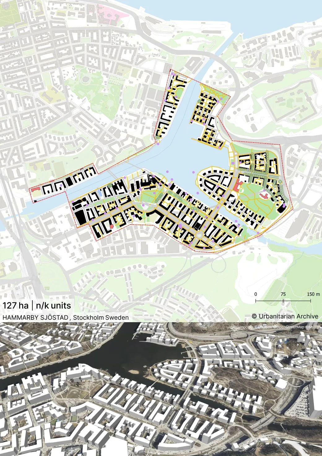 Masterplan drawing of Hammarby Sjostad, Stockholm, showing the waterfront district's perimeter-block structure arranged around Hammarby Sjo and its canals.
