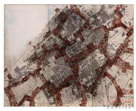 Constant's New Babylon interconnected sectors overlaid on an aerial map of The Hague.