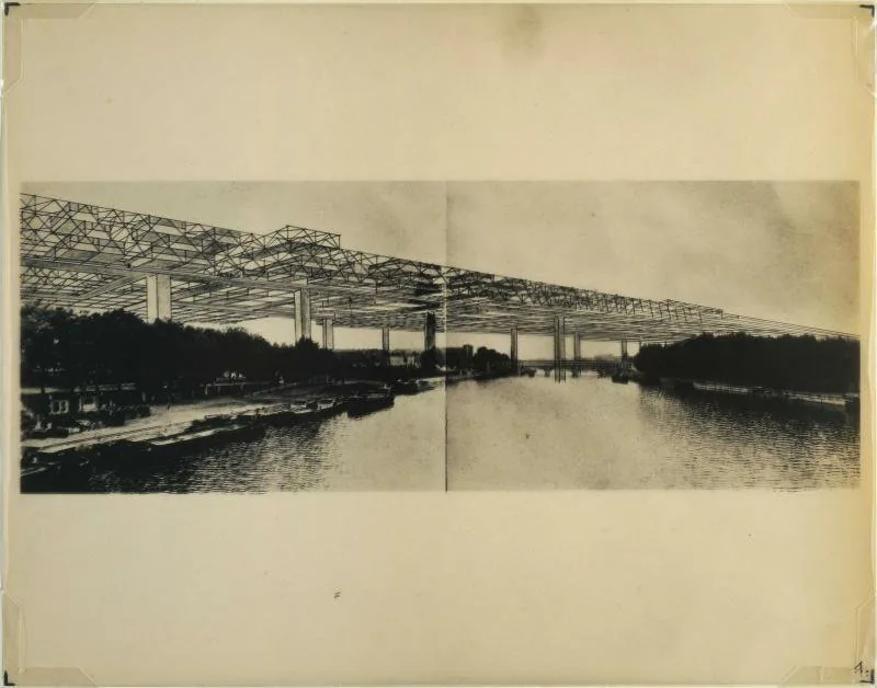 Friedman's Ville Spatiale: multi-level space-frame megastructure suspended over Paris near the Pont de Bercy.