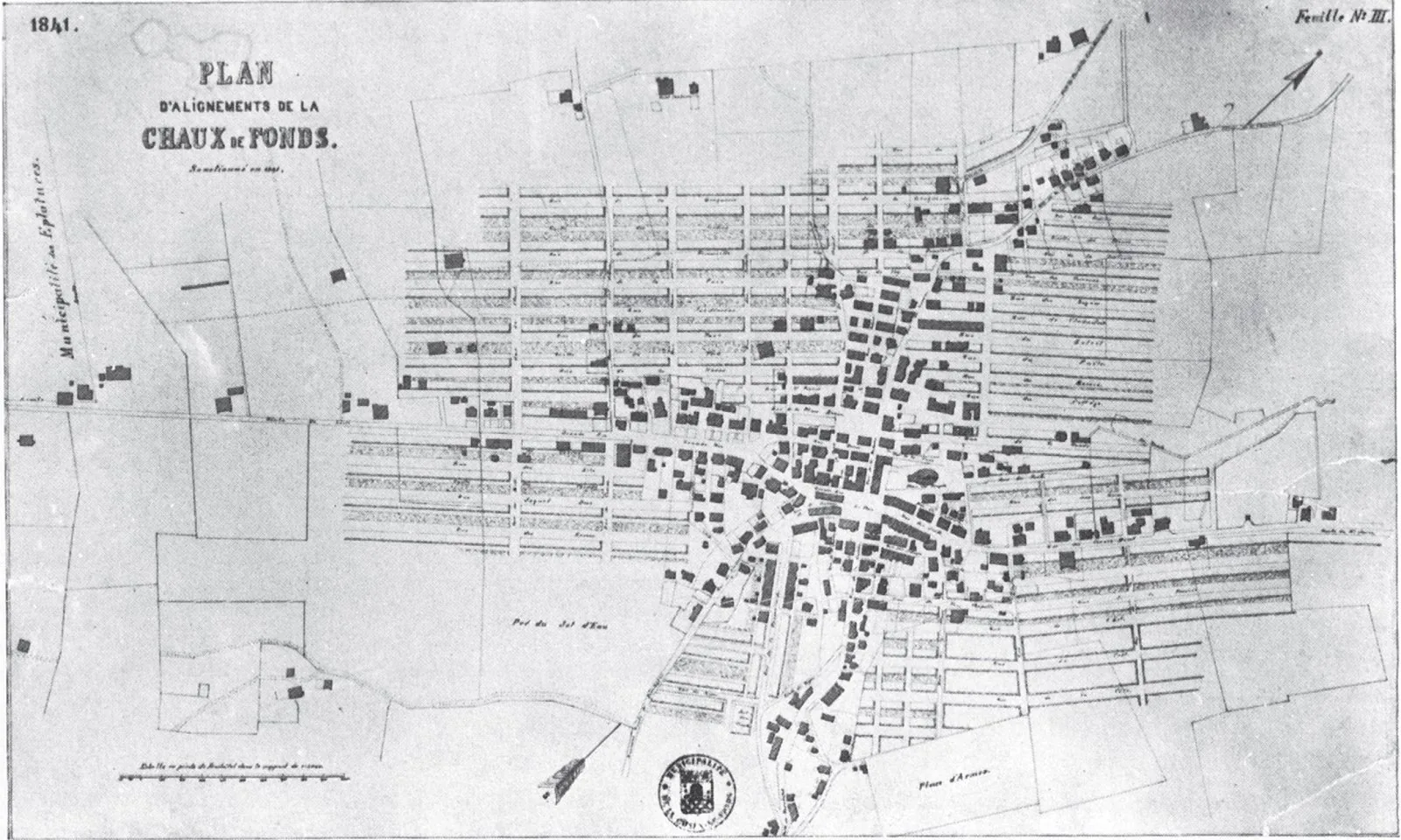 Junod's general alignment plan of La Chaux-de-Fonds showing the rational checkerboard grid devised for the watchmaking town (developed from his 1835 scheme).