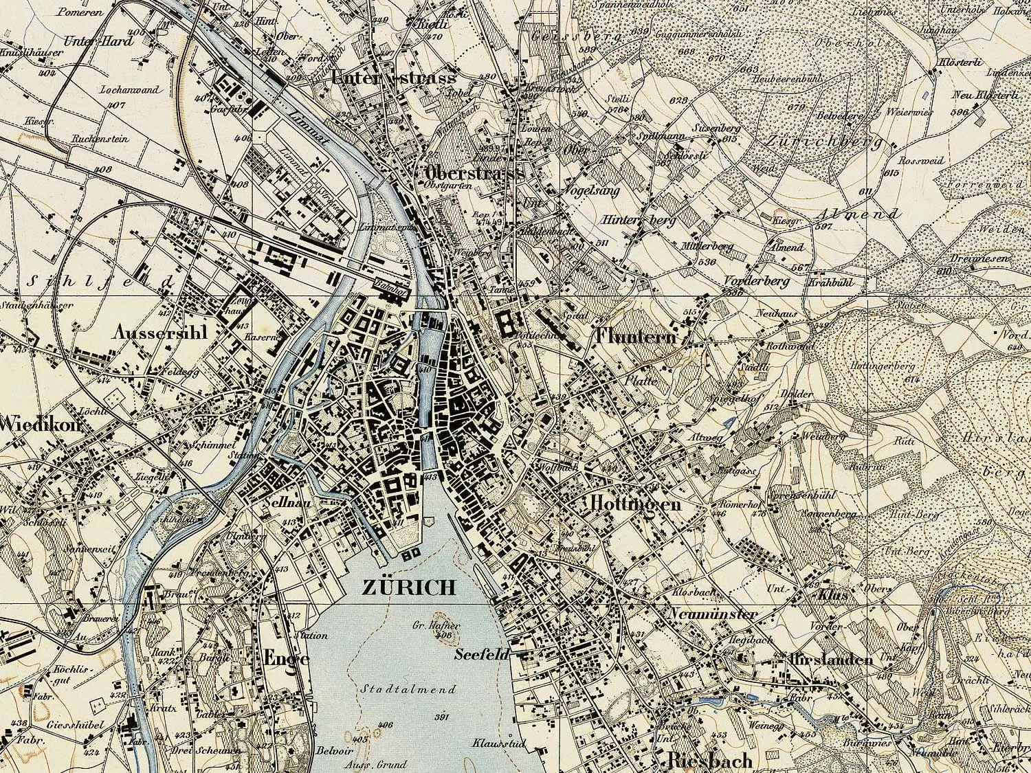 Topographic plan of Zurich on the 1881 Siegfried map, capturing the city and lake edge just as Arnold Burkli's Quaianlagen lakefront quays were being built (inaugurated 1887); the reclaimed shoreline 