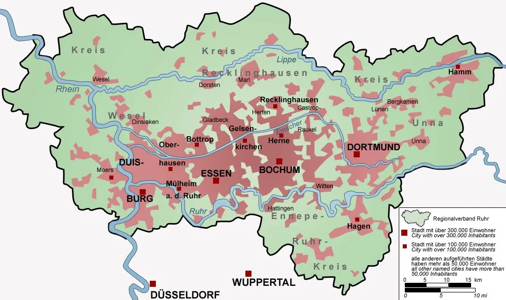 Map of the Ruhr metropolitan region (Regionalverband Ruhr) with all cities over 50,000 inhabitants. The IBA Emscher Park (1989-1999) covered the northern Emscher-zone cities of this region. No dedicat